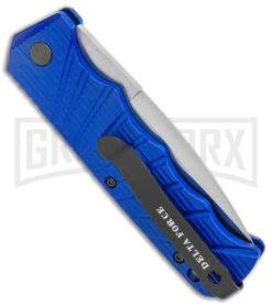 Delta Force Automatic Knife Blue Aluminum - Satin Serr -Best Knifes Shop Delta Force Auto Blue Aluminum Satin Serr GX 38090 jr side large