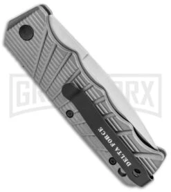 Delta Force Automatic Knife Gray Aluminum - Satin Serrated -Best Knifes Shop Delta Force Auto Gray Aluminum Satin Serr GX 35356 jr side large