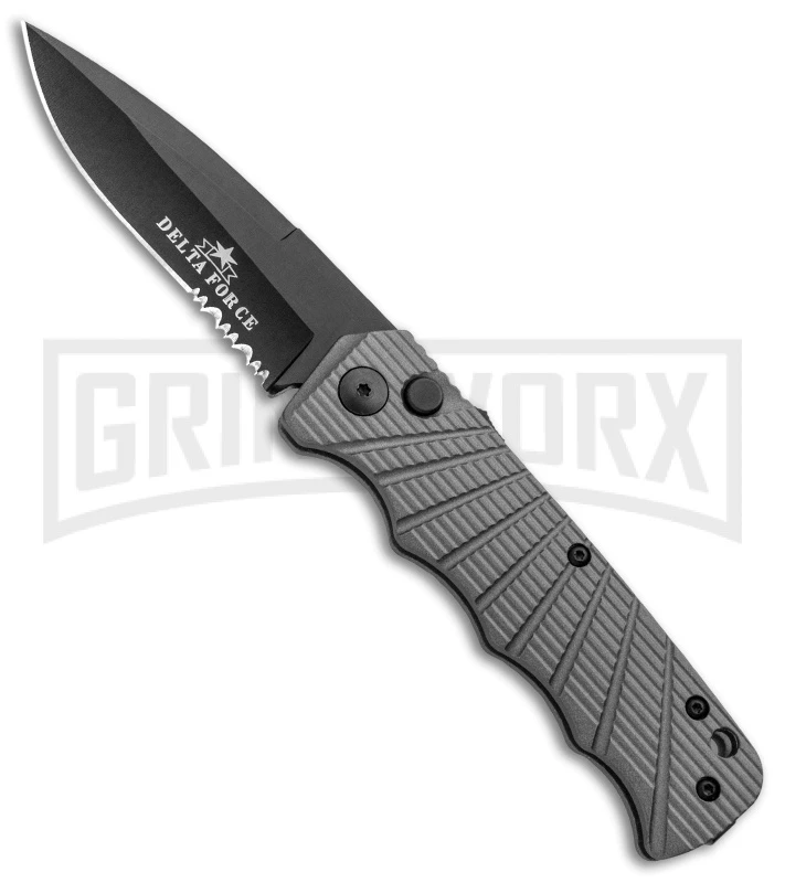 Delta Force Automatic Knife Gray Aluminum - Black Partially Serrated 3 Delta Force Automatic Knife Gray Aluminum - Black Partially Serrated