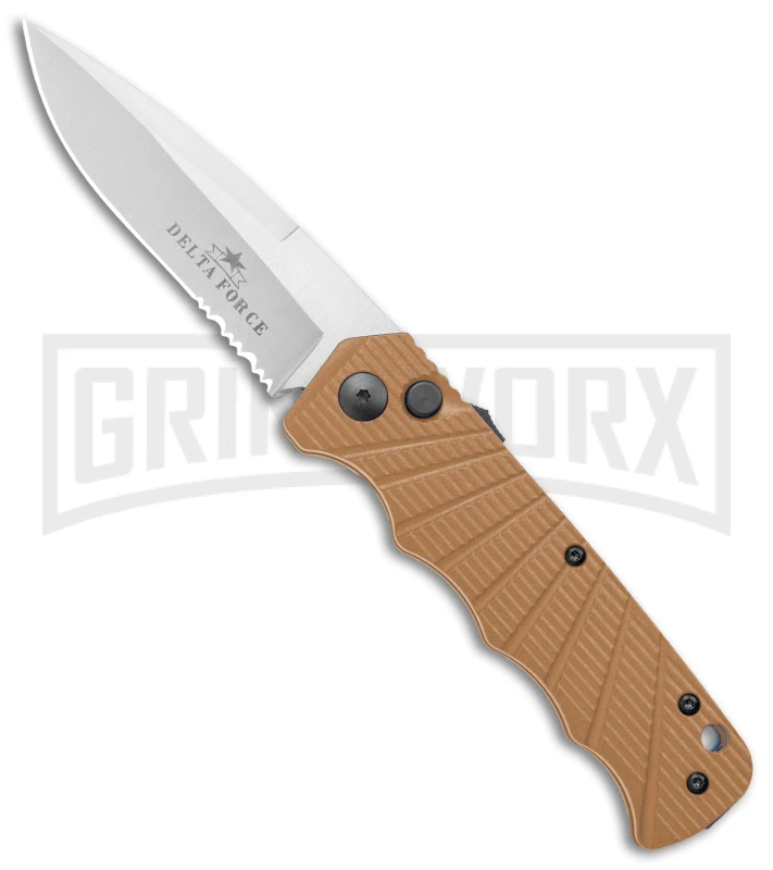 Delta Force Automatic Knife Tan Aluminum -Satin Serrated 3 Delta Force Automatic Knife Tan Aluminum -Satin Serrated