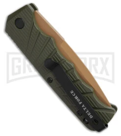 Delta Force Automatic Knife OD Green Aluminum Drop Point - Tan Plain -Best Knifes Shop Delta Force Automatic Knife OD Green Aluminum Drop Point Tan Plain GX 42318 td side large