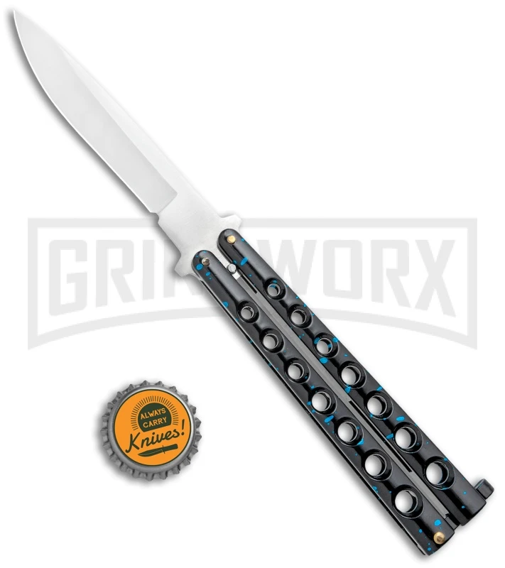 Flick Blue Balisong Butterfly Knife Black/Blue - Drop Point Satin Plain 6 Flick Blue Balisong Butterfly Knife Black/Blue - Drop Point Satin Plain - Image 4