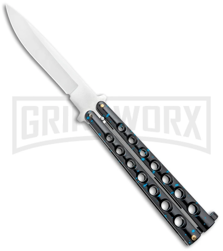 Flick Blue Balisong Butterfly Knife Black/Blue - Drop Point Satin Plain 3 Flick Blue Balisong Butterfly Knife Black/Blue - Drop Point Satin Plain