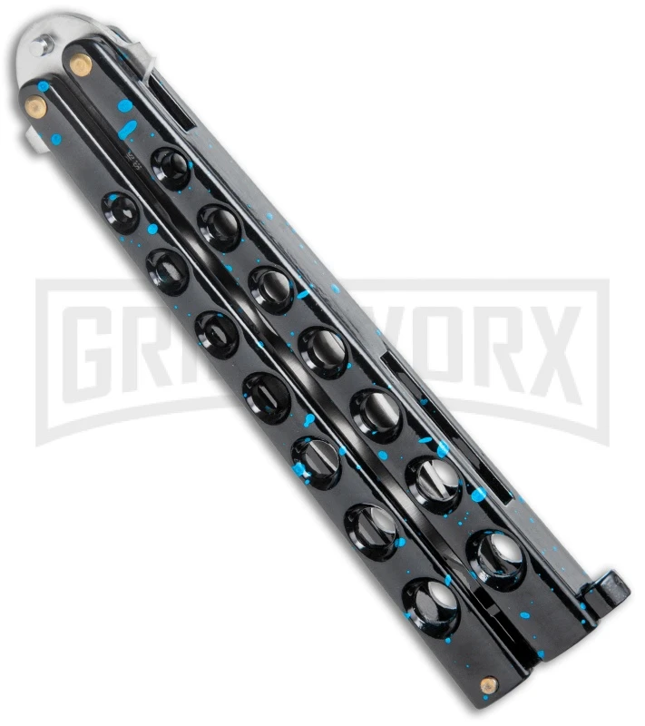 Flick Blue Balisong Butterfly Knife Black/Blue - Drop Point Satin Plain 5 Flick Blue Balisong Butterfly Knife Black/Blue - Drop Point Satin Plain - Image 3