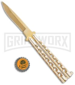Flick Blue Balisong Butterfly Knife Gold - Drop Point Gold Plain 9 Flick Blue Balisong Butterfly Knife Gold - Drop Point Gold Plain -Best Knifes Shop Flick Gold Balisong Butterfly Knife Satin Gold BUTT 2036GD GX 36719 jr bottlecap large