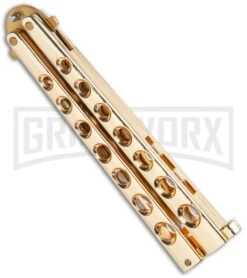 Flick Blue Balisong Butterfly Knife Gold - Drop Point Gold Plain 8 Flick Blue Balisong Butterfly Knife Gold - Drop Point Gold Plain -Best Knifes Shop Flick Gold Balisong Butterfly Knife Satin Gold BUTT 2036GD GX 36719 jr side large