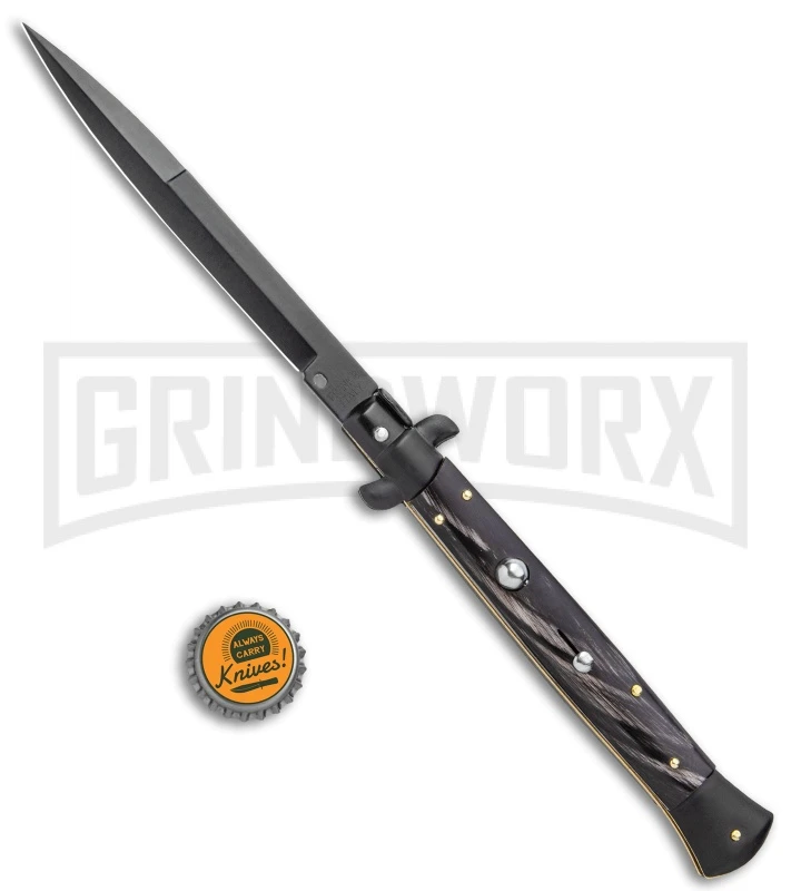 Frank B. 11" Italian Stiletto Dark Horn Tactical Automatic Knife - Bayonet 6 Frank B. 11" Italian Stiletto Dark Horn Tactical Automatic Knife - Bayonet - Image 4