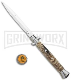 Frank B. 11" Italian Stiletto Ram Horn Automatic Knife - Bayonet -Best Knifes Shop Frank B 11in Stiletto Ram Horn Bayo GX 9786 jr bottlecap large