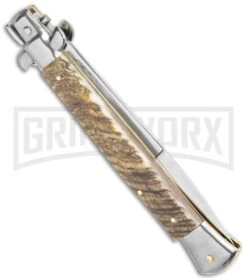 Frank B. 11" Italian Stiletto Ram Horn Automatic Knife - Bayonet -Best Knifes Shop Frank B 11in Stiletto Ram Horn Bayo GX 9786 jr side large