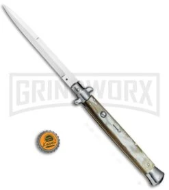 Frank B. 13" Italian Stiletto Honey Horn Automatic Knife - Bayonet -Best Knifes Shop Frank B 13in Italian Stiletto Honey Horn Auto Bayo BP 4495 jr bottlecap large