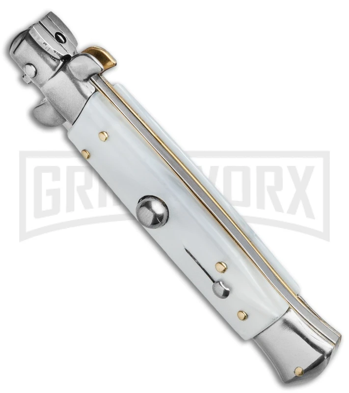 Frank B. 7.5" Italian Stiletto White Pearlex Automatic Knife - Satin Bayonet 4 Frank B. 7.5" Italian Stiletto White Pearlex Automatic Knife - Satin Bayonet - Image 2