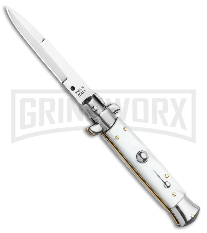 Frank B. 7.5" Italian Stiletto White Pearlex Automatic Knife - Satin Bayonet 3 Frank B. 7.5" Italian Stiletto White Pearlex Automatic Knife - Satin Bayonet