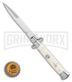 Frank B 9" Italian Stiletto Sim Ivory Automatic Knife - Bayo Satin -Best Knifes Shop Frank B 9 Italian Stiletto Bayonet Automatic Knife Sim Ivory 3.8 Satin BHQ 116594 LS Bottlecap large