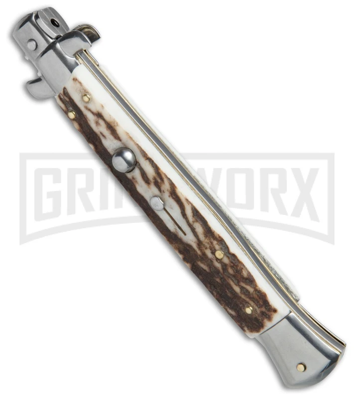 Frank B. 11" Stag Italian Stiletto Automatic Knife - Dagger Satin Plain 4 Frank B. 11" Stag Italian Stiletto Automatic Knife - Dagger Satin Plain - Image 2