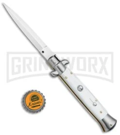 Frank B 9" Italian Stiletto Snow White Automatic Knife - Dagger -Best Knifes Shop Frank B. 9in Stiletto Snow White Dagger Satin Plain BP 5025 jr bottlecap large
