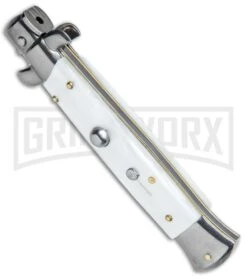 Frank B 9" Italian Stiletto Snow White Automatic Knife - Dagger -Best Knifes Shop Frank B. 9in Stiletto Snow White Dagger Satin Plain BP 5025 jr spine large
