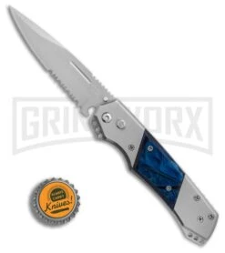 Super Knife Croc Automatic Knife Stainless W/ Blue Inlay - Satin Serr -Best Knifes Shop GA303MBL BP 25774 er bottlecap large