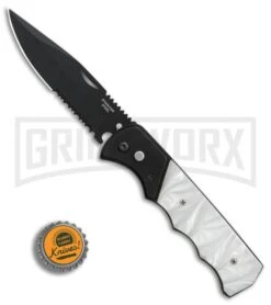 Super Knife Dingo White Acrylic Automatic Knife - Black Serr -Best Knifes Shop GA623BKMWT BP 25777 er bottlecap large