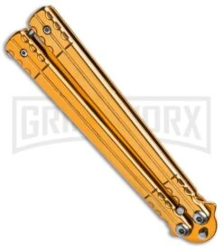 Chalkhill Balisong Butterfly Knife - Gold Tanto -Best Knifes Shop Gold Balisong Clip Point Butterfly Knife Gold Finish GX 37652 td side large