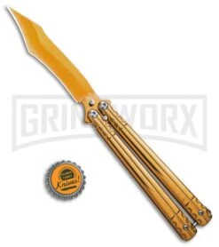 Chalkhill Balisong Butterfly Knife - Gold Tanto -Best Knifes Shop Gold Balisong Clip Point Butterfly Knife Gold Finish GX 37652 td size large