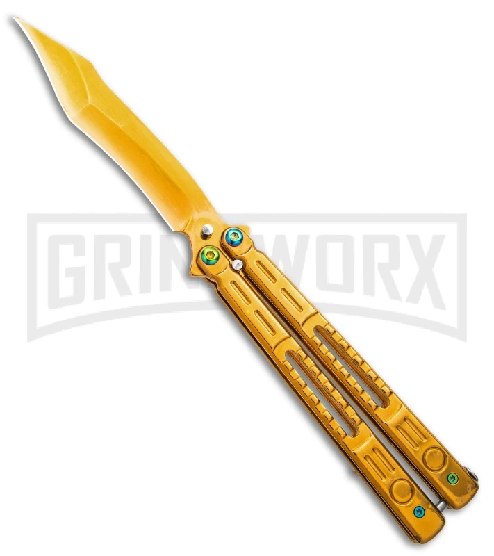 Chalkhill Balisong Butterfly Knife - Gold Tanto Skeletonized 3 Chalkhill Balisong Butterfly Knife - Gold Tanto Skeletonized