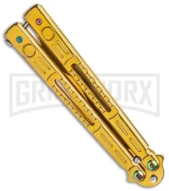 Chalkhill Balisong Butterfly Knife - Gold Tanto Skeletonized 8 Chalkhill Balisong Butterfly Knife - Gold Tanto Skeletonized -Best Knifes Shop Gold Balisong Clip Point Butterfly Knife Gold Finish GX 37655 td side large