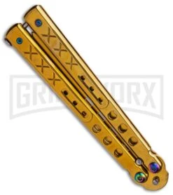 Gold Balisong Trainer Butterfly Knife - Gold Dull 8 Gold Balisong Trainer Butterfly Knife - Gold Dull -Best Knifes Shop Gold Balisong Trainer Butterfly Knife Gold Finish GX 37657 td side large