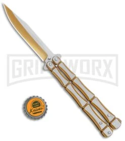 Gold Bone Balisong Drop Point Butterfly Knife - 2 Tone Plain -Best Knifes Shop Gold Bone Balisong DP Butterfly TT Plain GX 37370 jr bottlecap large