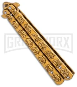 Gold Skull Balisong Butterfly Knife - Gold Plain -Best Knifes Shop Gold Skull Balisong Drop Point Butterfly Knife GX 37608 td side large