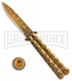 Gold Skull Balisong Butterfly Knife - Gold Plain -Best Knifes Shop Gold Skull Balisong Drop Point Butterfly Knife GX 37608 td size large