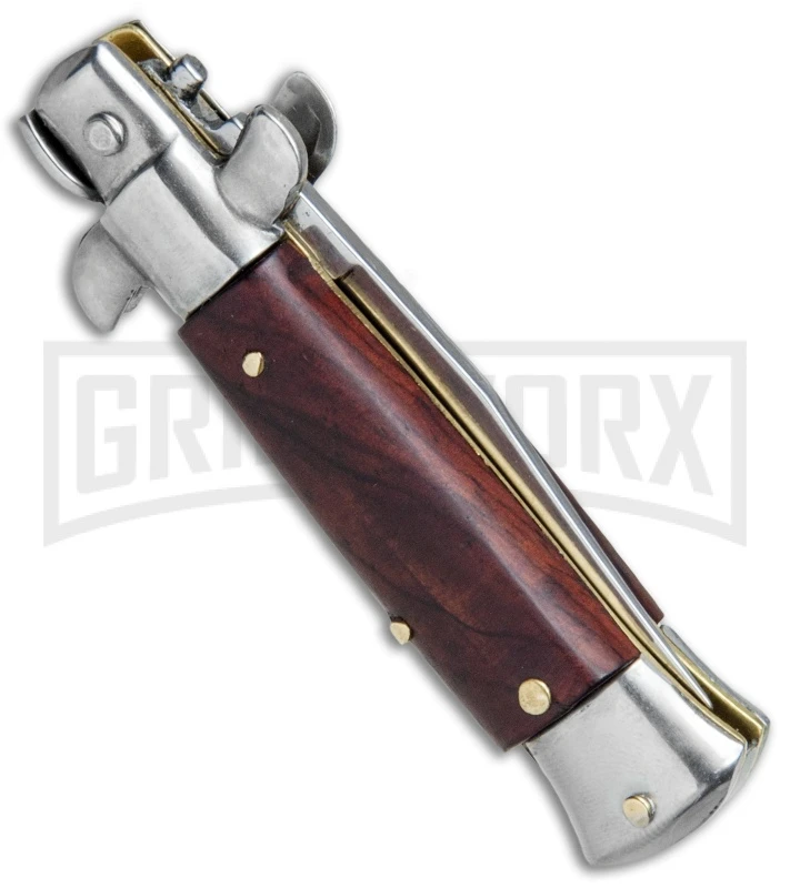 4.5" Italian Mini Stiletto Gonzo Wood Automatic Knife - Clip Point Satin 5 4.5" Italian Mini Stiletto Gonzo Wood Automatic Knife - Clip Point Satin - Image 3