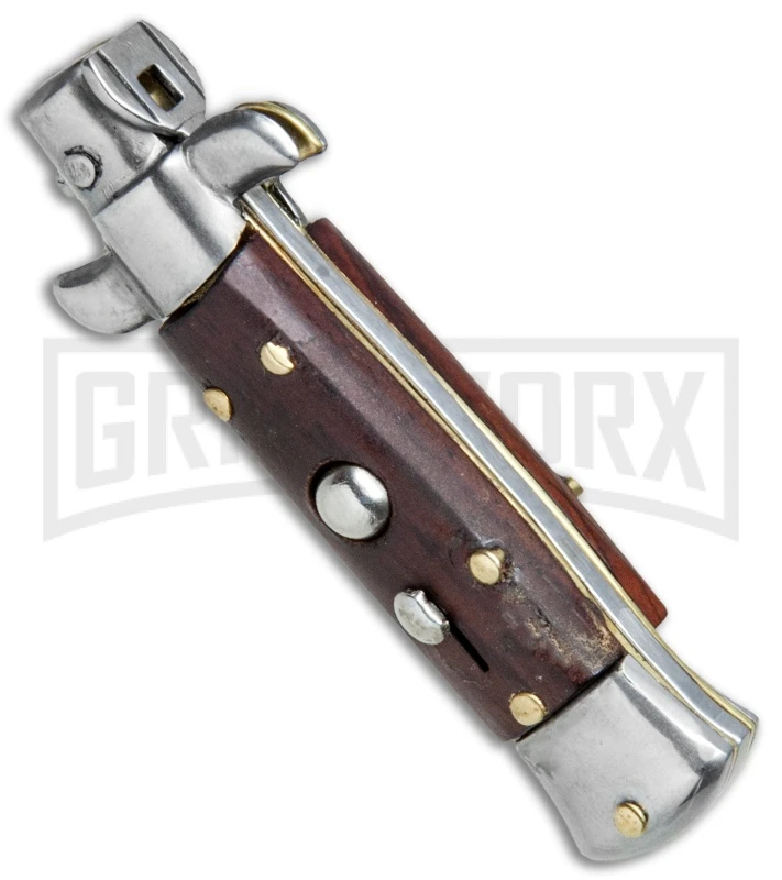 4.5" Italian Mini Stiletto Gonzo Wood Automatic Knife - Clip Point Satin 4 4.5" Italian Mini Stiletto Gonzo Wood Automatic Knife - Clip Point Satin - Image 2