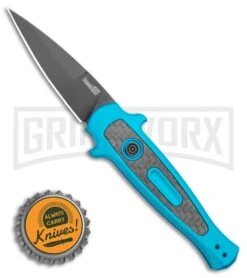 Kershaw Launch 12 Teal Aluminum Mini Stiletto Automatic Knife - Black Plain -Best Knifes Shop Kershaw Launch 12 Mini Stiletto Automatic Knife Teal 2.5 Black KER7125TEALBLK BHQ 116323 LS Bottlecap large
