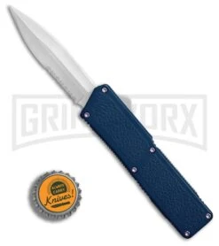 Lightning Blue D/A OTF Automatic Knife - Satin Dagger Serr 4TH18 -Best Knifes Shop Lightning Blue DA Satin Dagger Serr BP 27475 er bottlecap large