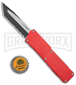 Lightning Red D/A OTF Automatic Knife - Tanto Two Tone Serr 9 Lightning Red D/A OTF Automatic Knife - Tanto Two Tone Serr -Best Knifes Shop Lightning Red DA OTF Auto Tanto TT Serr GX 39135 jr bottlecap large