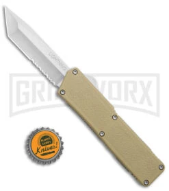 Lightning Tan D/A OTF Automatic Knife - Tanto Satin Serrated 9 Lightning Tan D/A OTF Automatic Knife - Tanto Satin Serrated -Best Knifes Shop Lightning Tan DA OTF Auto Serr Tanto Satin GX 39003 jr bottlecap large