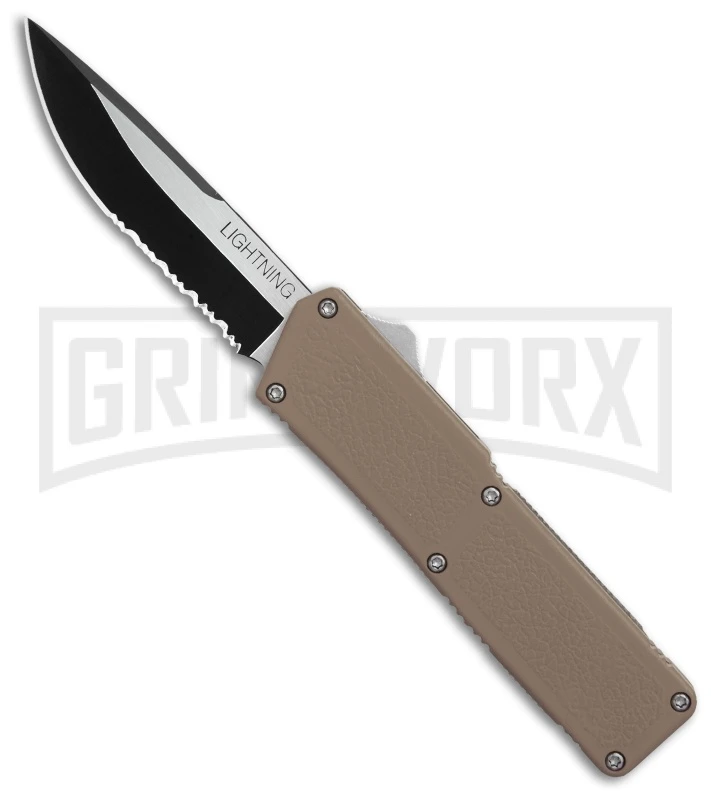 Lightning Tan D/A OTF Automatic Knife - Two-Tone Serr 3 Lightning Tan D/A OTF Automatic Knife - Two-Tone Serr