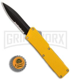 Lightning Yellow D/A OTF Automatic Knife - Black Dagger Serr -Best Knifes Shop Lightning Yellow DA Black Dagger serr BP 27474 er bottlecap large