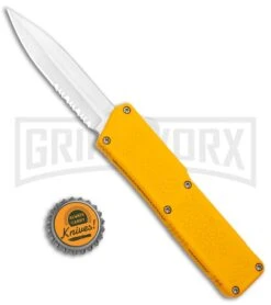 Lightning Yellow D/A OTF Automatic Knife - Satin Dagger Serr -Best Knifes Shop Lightning Yellow DA OTF Auto Satin Dagger Serr GX 33669 jr bottlecap large