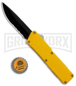 Lightning Yellow D/A OTF Automatic Knife - Black Serr -Best Knifes Shop Lightning Yellow DA OTF Black Serr GX 10745 jr bottlecap large