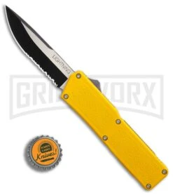 Lightning Yellow D/A OTF Automatic Knife - Two-Tone Serr -Best Knifes Shop Lightning Yellow DA Two Tone Serr BP 30350 er bottlecap large