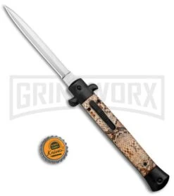 Mago 11" Diamondback Italian Dagger OTF Automatic Knife - Black Bolsters -Best Knifes Shop Mago 11in Italian Stiletto OTF Auto Diamondback Warm Black Satin Dagger GX 37162 jr bottlecap large