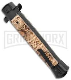 Mago 11" Diamondback Italian Dagger OTF Automatic Knife - Black Bolsters -Best Knifes Shop Mago 11in Italian Stiletto OTF Auto Diamondback Warm Black Satin Dagger GX 37162 jr side large