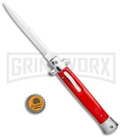 Mago 11" Bayonet Italian Stiletto OTF Knife Red W/Polished Bolster - Satin Plain -Best Knifes Shop Mago 11in Red Bayo Italian Stiletto OTF Auto Satin Silver Boster GX 36174 jr bottlecap large