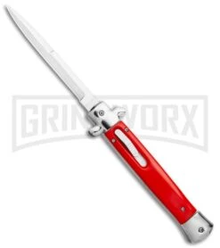 Mago 11" Bayonet Italian Stiletto OTF Knife Red W/Polished Bolster - Satin Plain