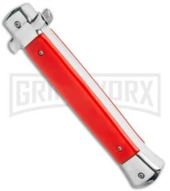 Mago 11" Bayonet Italian Stiletto OTF Knife Red W/Polished Bolster - Satin Plain -Best Knifes Shop Mago 11in Red Bayo Italian Stiletto OTF Auto Satin Silver Boster GX 36174 jr side large