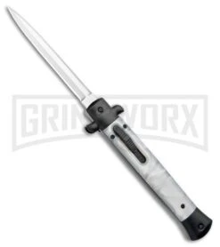 Mago 11" White Marble Italian Stiletto OTF Auto Knife Black Bolsters Dagger