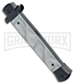 Mago 11" White Marble Italian Stiletto OTF Auto Knife Black Bolsters Dagger -Best Knifes Shop Mago 11in White Marble Italian Stiletto OTF Black Bolsters Dagger GX 33946 jr side large