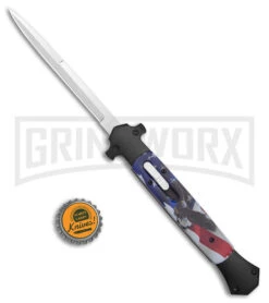 Mago 13" Eagle / Flag D/A Italian Stiletto OTF Knife - Satin Plain Bayo -Best Knifes Shop Mago 13in Eagle Flag DA Italian Stiletto OTF Satin Bayo GX 39631 jr bottlecap large