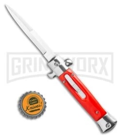 Mago 9" Red Bayonet Italian Stiletto OTF Automatic - Satin Plain Silver Bolster -Best Knifes Shop Mago 9 Red Bayonet Italian Stiletto OTF Automatic Satin Plain Silver Bolster GX 36408 LS bottlecap jr large